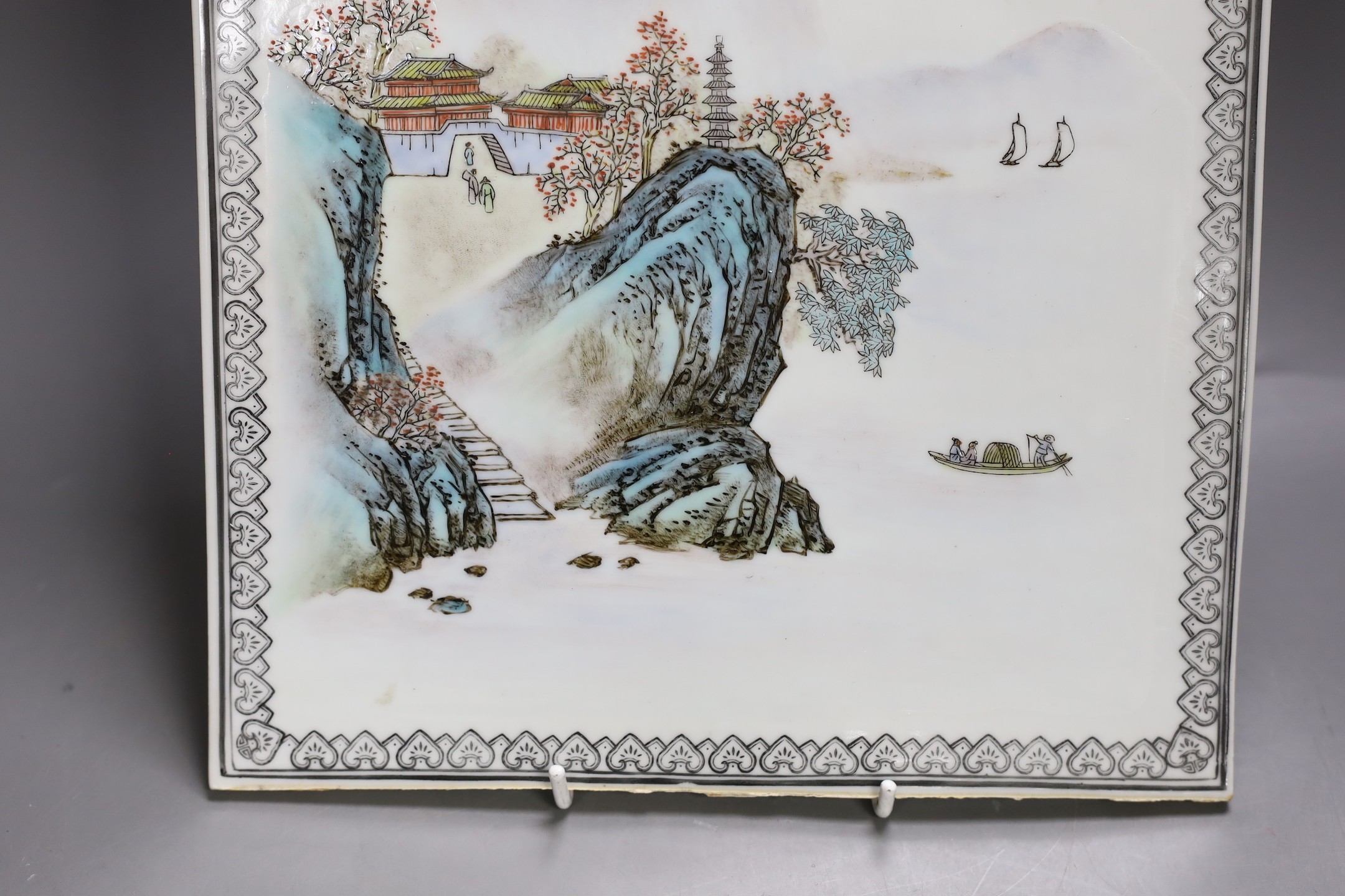 A Chinese enamelled porcelain landscape plaque or tile, 20th century